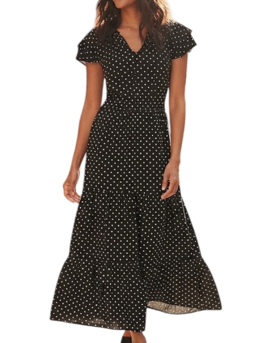 OLD NAVY Resortwear Preppy Retro Black Polka Dot V Cut Maxi Dress Cap Sleeve XS